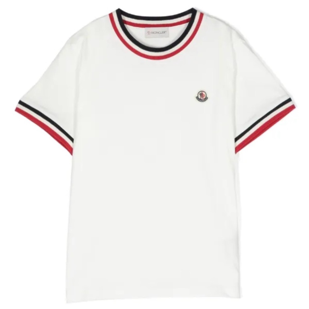 Moncler Size 14 yrs unisex White Tee with Red and navy blue Trim